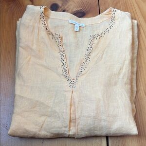 EILEEN FISHER M Tangerine Jeweled V-Neck Irish Linen Blouse Top Slits
